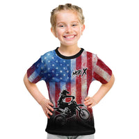 Personalized Motocross Rider Kid T Shirt with Distressed American Flag in Red White Blue Grunge Style - Wonder Print Shop