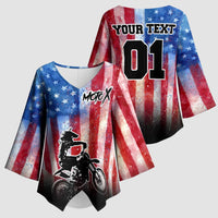 Personalized Motocross Rider Kimono Sleeve Blouse with Distressed American Flag in Red White Blue Grunge Style - Wonder Print Shop
