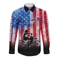 Personalized Motocross Rider Long Sleeve Button Shirt with Distressed American Flag in Red White Blue Grunge Style - Wonder Print Shop