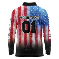 Personalized Motocross Rider Long Sleeve Polo Shirt with Distressed American Flag in Red White Blue Grunge Style - Wonder Print Shop