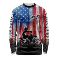 Personalized Motocross Rider Long Sleeve Shirt with Distressed American Flag in Red White Blue Grunge Style - Wonder Print Shop