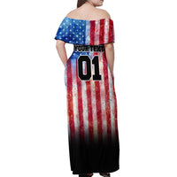 Personalized Motocross Rider Off Shoulder Maxi Dress with Distressed American Flag in Red White Blue Grunge Style - Wonder Print Shop