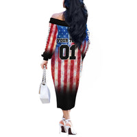 Personalized Motocross Rider Off The Shoulder Long Sleeve Dress with Distressed American Flag in Red White Blue Grunge Style - Wonder Print Shop