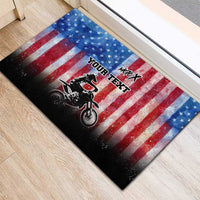 Personalized Motocross Rider Rubber Doormat with Distressed American Flag in Red White Blue Grunge Style - Wonder Print Shop