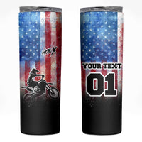 Personalized Motocross Rider Skinny Tumbler with Distressed American Flag in Red White Blue Grunge Style - Wonder Print Shop