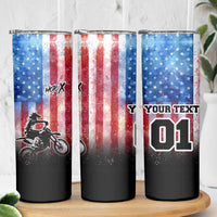 Personalized Motocross Rider Skinny Tumbler with Distressed American Flag in Red White Blue Grunge Style - Wonder Print Shop