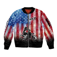 Personalized Motocross Rider Sleeve Zip Bomber Jacket with Distressed American Flag in Red White Blue Grunge Style - Wonder Print Shop