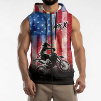Personalized Motocross Rider Sleeveless Zip Hoodie with Distressed American Flag in Red White Blue Grunge Style - Wonder Print Shop