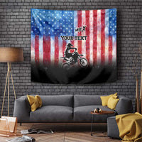Personalized Motocross Rider Tapestry with Distressed American Flag in Red White Blue Grunge Style - Wonder Print Shop