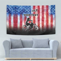 Personalized Motocross Rider Tapestry with Distressed American Flag in Red White Blue Grunge Style - Wonder Print Shop