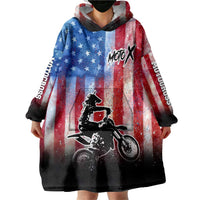 Personalized Motocross Rider Wearable Blanket Hoodie with Distressed American Flag in Red White Blue Grunge Style - Wonder Print Shop