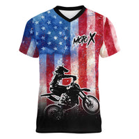 Personalized Motocross Rider Women V-Neck T-Shirt with Distressed American Flag in Red White Blue Grunge Style - Wonder Print Shop