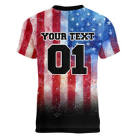 Personalized Motocross Rider Women V-Neck T-Shirt with Distressed American Flag in Red White Blue Grunge Style - Wonder Print Shop