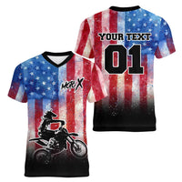 Personalized Motocross Rider Women V-Neck T-Shirt with Distressed American Flag in Red White Blue Grunge Style - Wonder Print Shop