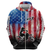 Personalized Motocross Rider Zip Hoodie with Distressed American Flag in Red White Blue Grunge Style - Wonder Print Shop