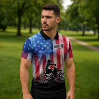 Personalized Motocross Rider Zipper Polo Shirt with Distressed American Flag in Red White Blue Grunge Style - Wonder Print Shop