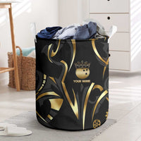 Personalized Golden Tribal Bowling Ball Emblem Laundry Basket with Black Abstract Metallic Pattern - Wonder Print Shop