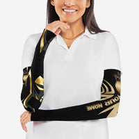 Personalized Golden Tribal Bowling Ball Emblem Arm Sleeves with Black Abstract Metallic Pattern - Wonder Print Shop