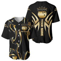 Personalized Golden Tribal Bowling Ball Emblem Baseball Jersey with Black Abstract Metallic Pattern - Wonder Print Shop