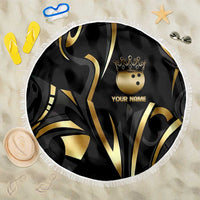 Personalized Golden Tribal Bowling Ball Emblem Beach Blanket with Black Abstract Metallic Pattern - Wonder Print Shop