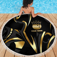 Personalized Golden Tribal Bowling Ball Emblem Beach Blanket with Black Abstract Metallic Pattern - Wonder Print Shop