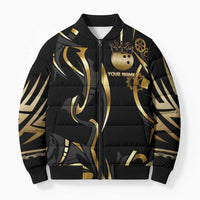 Personalized Golden Tribal Bowling Ball Emblem Bomber Puffer Jacket with Black Abstract Metallic Pattern - Wonder Print Shop