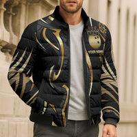 Personalized Golden Tribal Bowling Ball Emblem Bomber Puffer Jacket with Black Abstract Metallic Pattern - Wonder Print Shop