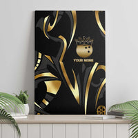 Personalized Golden Tribal Bowling Ball Emblem Canvas Wall Art with Black Abstract Metallic Pattern - Wonder Print Shop