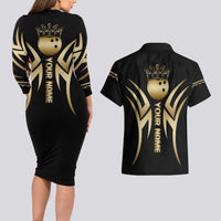 Personalized Golden Tribal Bowling Ball Emblem Couples Matching Long Sleeve Bodycon Dress and Hawaiian Shirt with Black Abstract Metallic Pattern - Wonder Print Shop