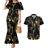 Personalized Golden Tribal Bowling Ball Emblem Couples Matching Mermaid Dress and Hawaiian Shirt with Black Abstract Metallic Pattern - Wonder Print Shop