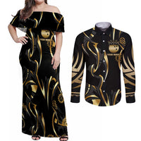 Personalized Golden Tribal Bowling Ball Emblem Couples Matching Off Shoulder Maxi Dress and Long Sleeve Button Shirt with Black Abstract Metallic Pattern - Wonder Print Shop