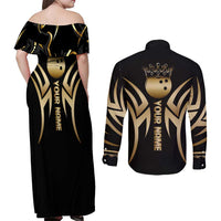 Personalized Golden Tribal Bowling Ball Emblem Couples Matching Off Shoulder Maxi Dress and Long Sleeve Button Shirt with Black Abstract Metallic Pattern - Wonder Print Shop