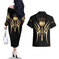 Personalized Golden Tribal Bowling Ball Emblem Couples Matching Off The Shoulder Long Sleeve Dress and Hawaiian Shirt with Black Abstract Metallic Pattern - Wonder Print Shop