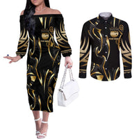 Personalized Golden Tribal Bowling Ball Emblem Couples Matching Off The Shoulder Long Sleeve Dress and Long Sleeve Button Shirt with Black Abstract Metallic Pattern - Wonder Print Shop