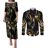 Personalized Golden Tribal Bowling Ball Emblem Couples Matching Puletasi and Long Sleeve Button Shirt with Black Abstract Metallic Pattern - Wonder Print Shop