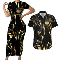 Personalized Golden Tribal Bowling Ball Emblem Couples Matching Short Sleeve Bodycon Dress and Hawaiian Shirt with Black Abstract Metallic Pattern - Wonder Print Shop