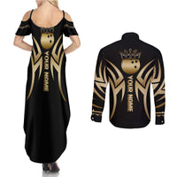 Personalized Golden Tribal Bowling Ball Emblem Couples Matching Summer Maxi Dress and Long Sleeve Button Shirt with Black Abstract Metallic Pattern - Wonder Print Shop
