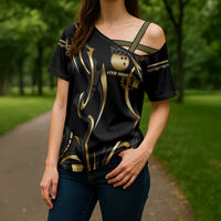 Personalized Golden Tribal Bowling Ball Emblem Cross Shoulder Shirt with Black Abstract Metallic Pattern - Wonder Print Shop