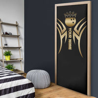 Personalized Golden Tribal Bowling Ball Emblem Door Cover with Black Abstract Metallic Pattern - Wonder Print Shop