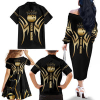Personalized Golden Tribal Bowling Ball Emblem Family Matching Off The Shoulder Long Sleeve Dress and Hawaiian Shirt with Black Abstract Metallic Pattern - Wonder Print Shop
