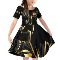 Personalized Golden Tribal Bowling Ball Emblem Family Matching Off Shoulder Short Dress and Hawaiian Shirt with Black Abstract Metallic Pattern - Wonder Print Shop