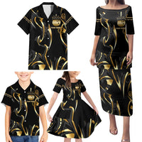 Personalized Golden Tribal Bowling Ball Emblem Family Matching Puletasi and Hawaiian Shirt with Black Abstract Metallic Pattern - Wonder Print Shop