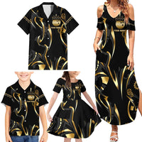 Personalized Golden Tribal Bowling Ball Emblem Family Matching Summer Maxi Dress and Hawaiian Shirt with Black Abstract Metallic Pattern - Wonder Print Shop