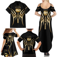 Personalized Golden Tribal Bowling Ball Emblem Family Matching Summer Maxi Dress and Hawaiian Shirt with Black Abstract Metallic Pattern - Wonder Print Shop