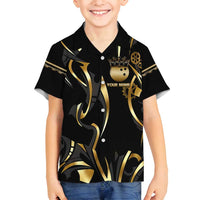 Personalized Golden Tribal Bowling Ball Emblem Family Matching Summer Maxi Dress and Hawaiian Shirt with Black Abstract Metallic Pattern - Wonder Print Shop