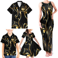 Personalized Golden Tribal Bowling Ball Emblem Family Matching Tank Maxi Dress and Hawaiian Shirt with Black Abstract Metallic Pattern - Wonder Print Shop