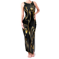 Personalized Golden Tribal Bowling Ball Emblem Family Matching Tank Maxi Dress and Hawaiian Shirt with Black Abstract Metallic Pattern - Wonder Print Shop