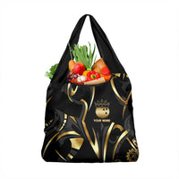 Personalized Golden Tribal Bowling Ball Emblem Grocery Bag with Black Abstract Metallic Pattern - Wonder Print Shop