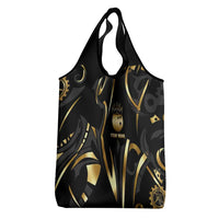 Personalized Golden Tribal Bowling Ball Emblem Grocery Bag with Black Abstract Metallic Pattern - Wonder Print Shop