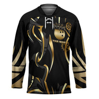 Personalized Golden Tribal Bowling Ball Emblem Hockey Jersey with Black Abstract Metallic Pattern - Wonder Print Shop